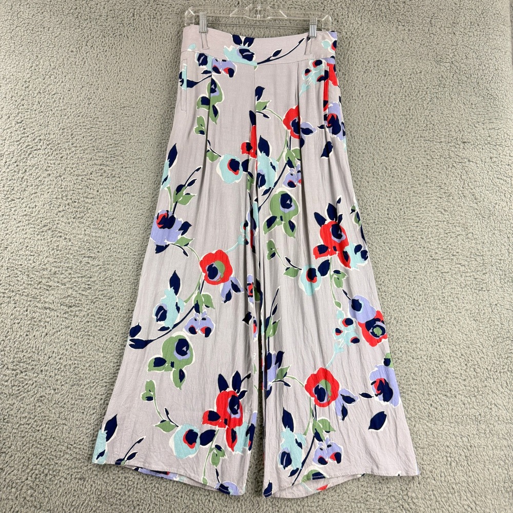 Anthropologie Elevenses Pants Womens 4 Gray Floral Pleated High Rise Wide Leg